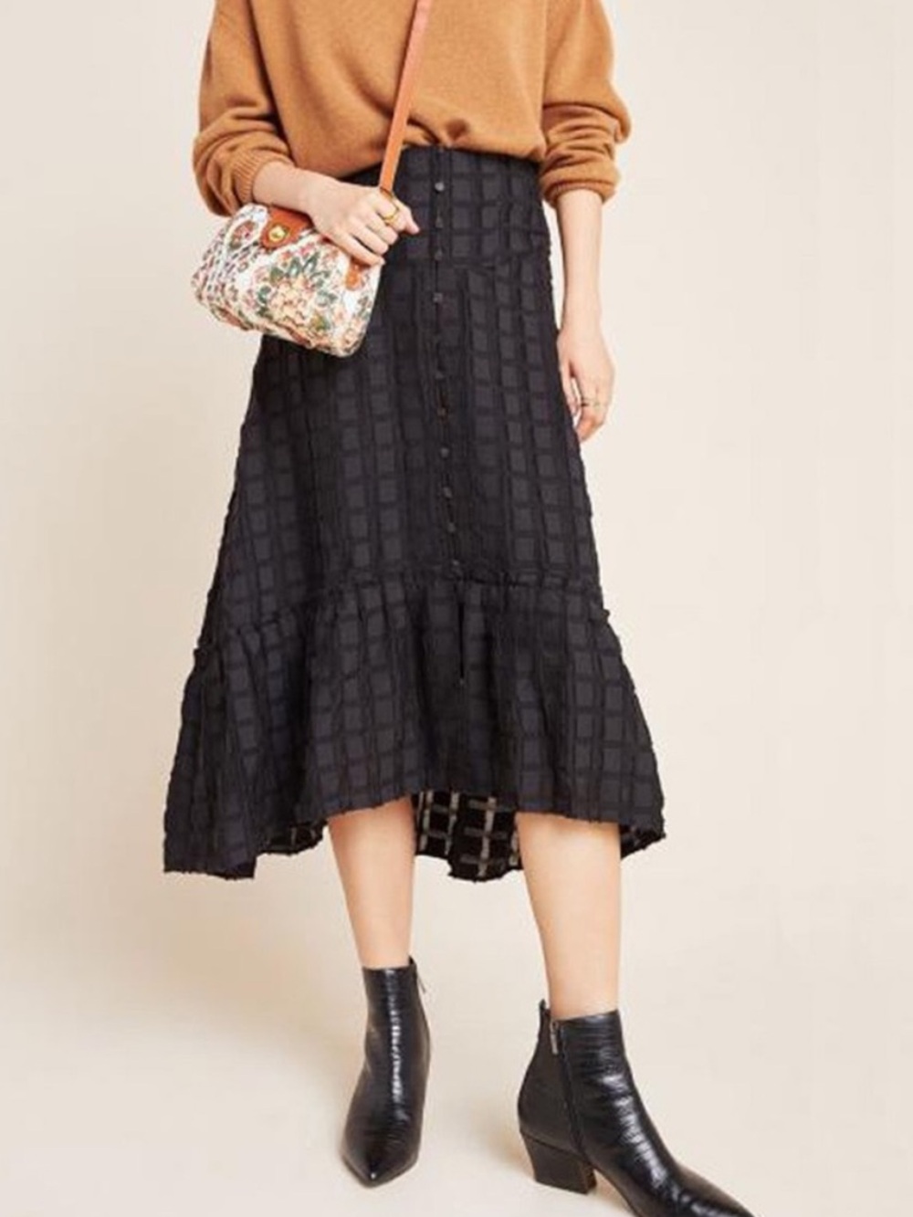 Anthropologie Maeve Merida Textured Check High Low Midi Skirt Button Front 10